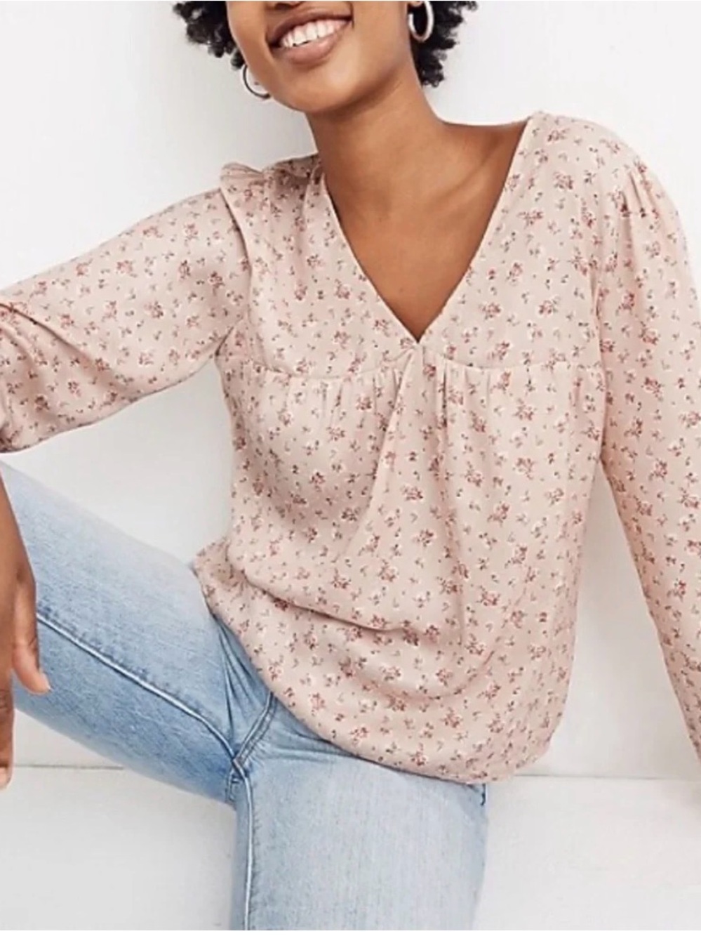 Madewell Satin Puff-Sleeve V-Neck Top in Baby's Breath floral blouse Sz Large